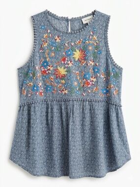 Heyson Denim-Blue Embroidered Sleeveless Peplum Top